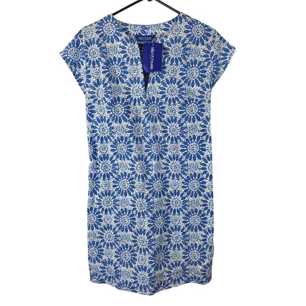 Three Islands Cap Sleeve Mini Dress S‎ Womens Blue White Vacation Summer NWT